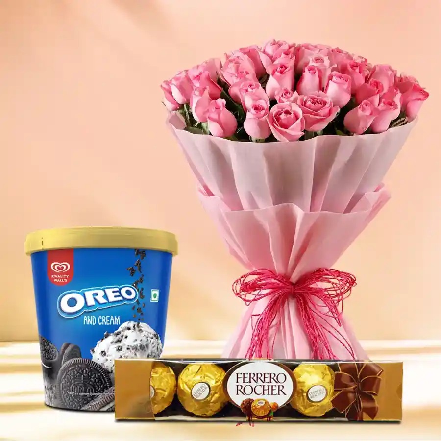 A charming gift combo featuring pink roses, Oreo ice cream, and Ferrero Rocher chocolates, perfect for sweet celebrations.