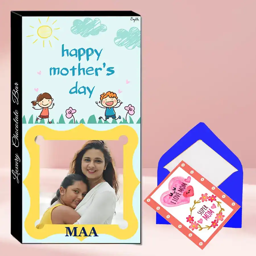 Delicious premium chocolate bar with roasted dry fruits and cranberries, personalized box featuring a photo and name, accompanied by a heartfelt greetings card for Mother's Day.