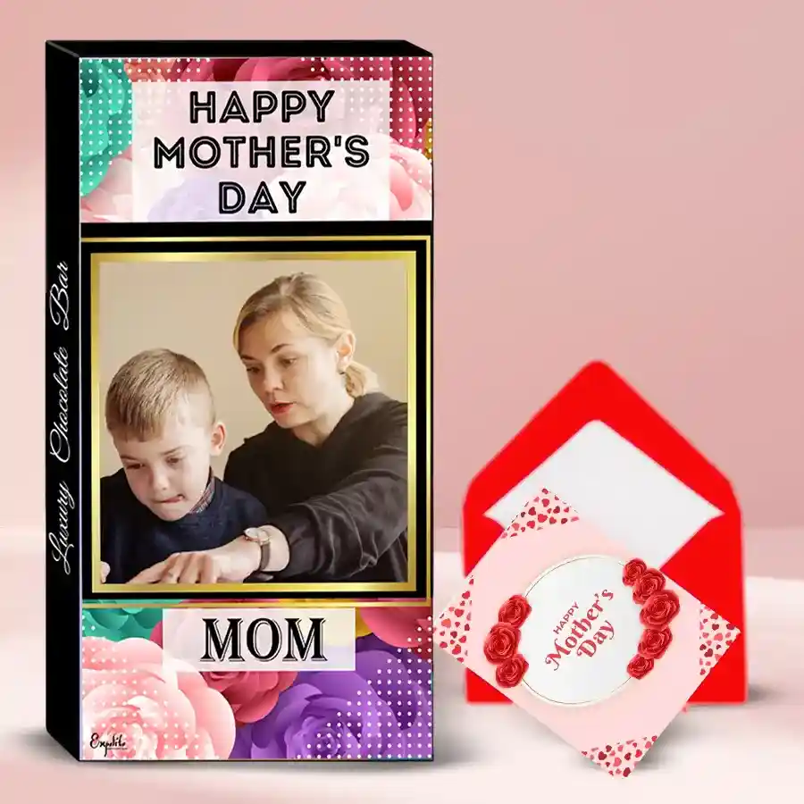 Mother's Day personalized chocolate gift box with assorted chocolate bar, dry fruits, cranberry flavors, and a custom photo label.
