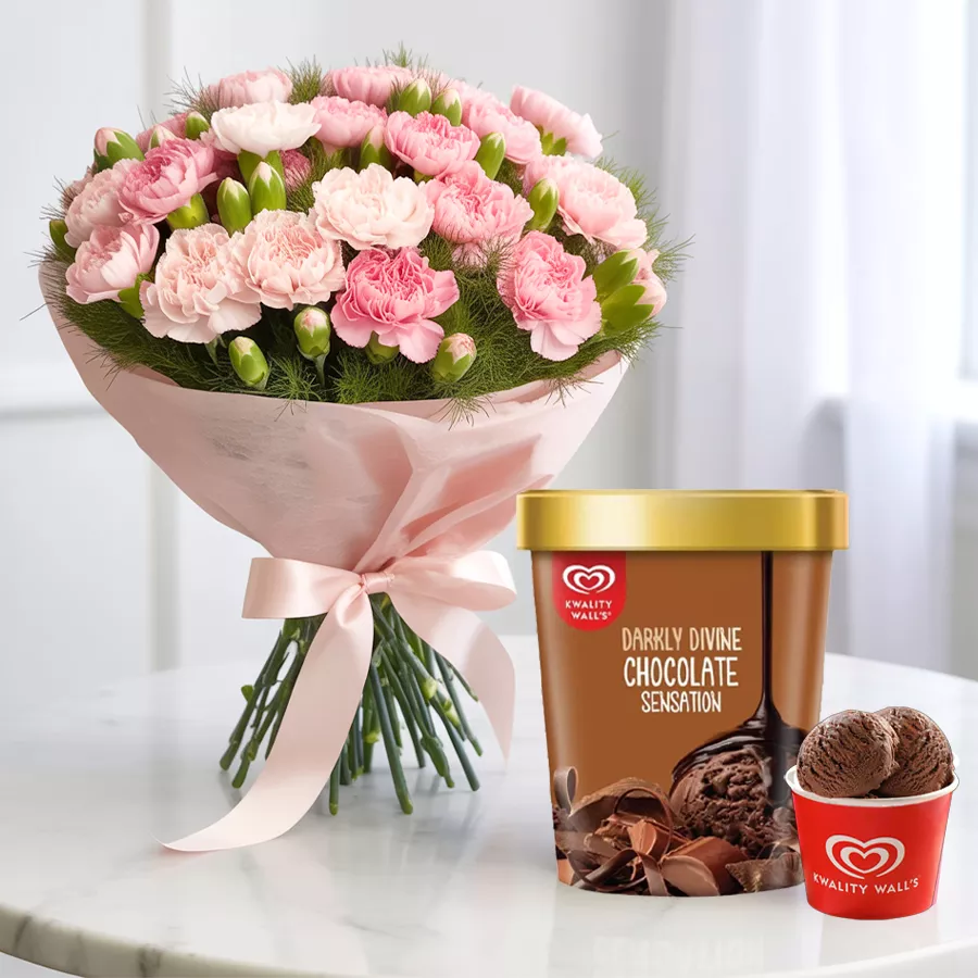 Bouquet of 8 pink carnations paired with a tub of chocolate ice cream from Kwality Walls for Mother's Day.