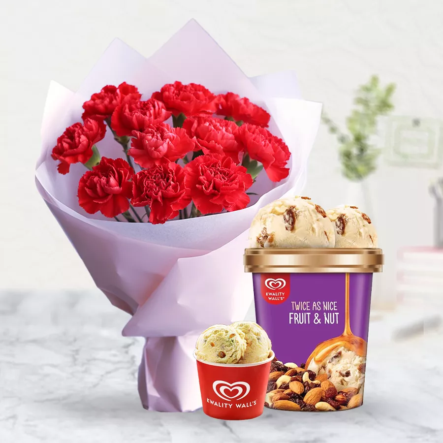 A bouquet of 10 red carnations alongside a tub of Kwality Walls Fruit n Nut Ice-Cream for Mother's Day.