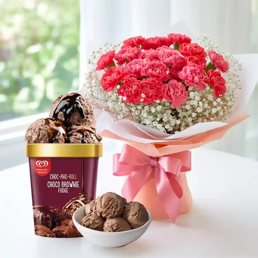Bouquet of 15 red carnations with Kwality Walls Choco Brownie Fudge Ice Cream.