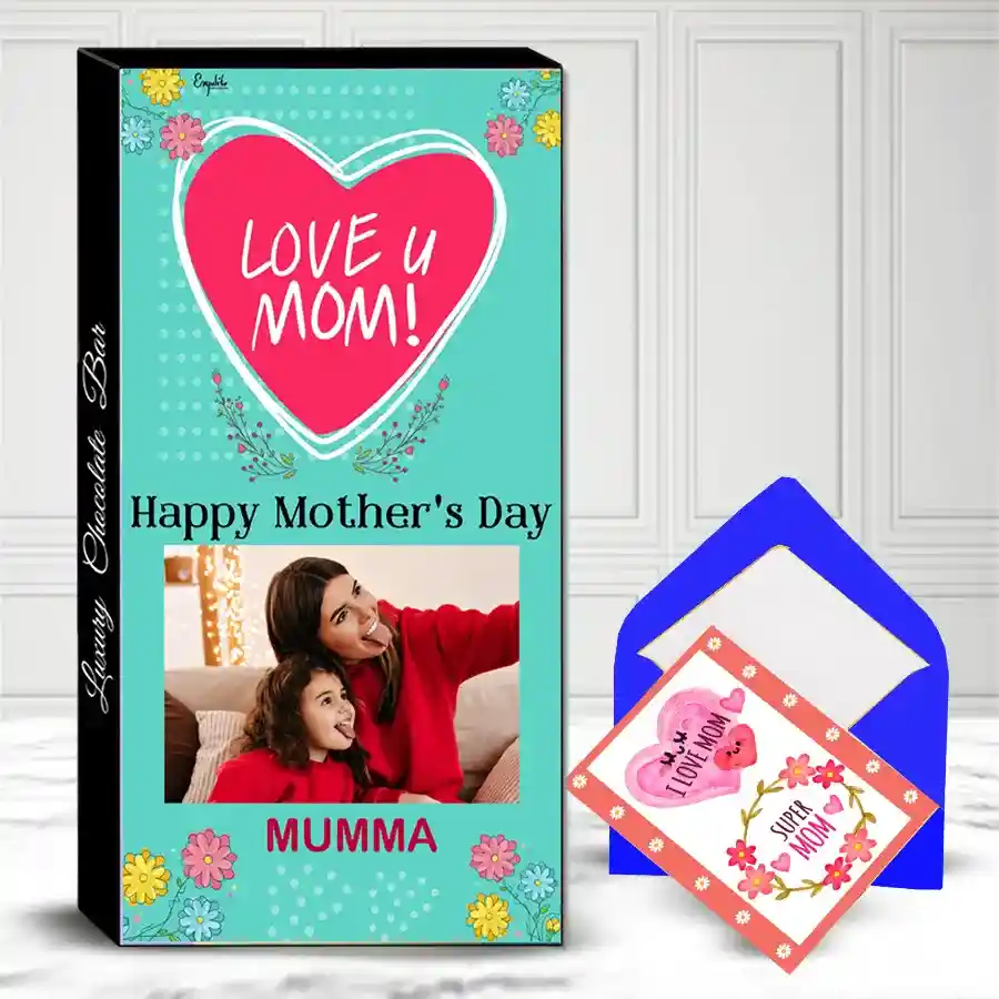 Personalized chocolate bar with roasted dry fruits and cranberry filling, custom box with photo and name, accompanied by a greeting card.