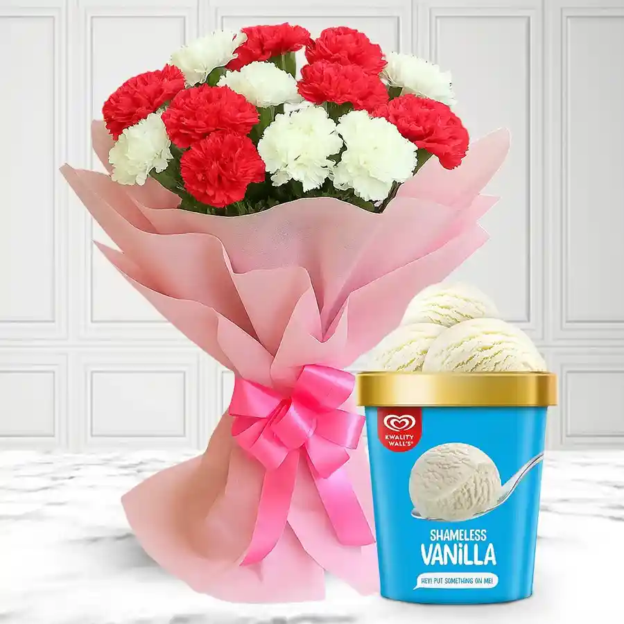 Bouquet of 15 pink and white carnations accompanied by 700g vanilla ice cream from Kwality Walls, a delightful gift for Mother's Day.