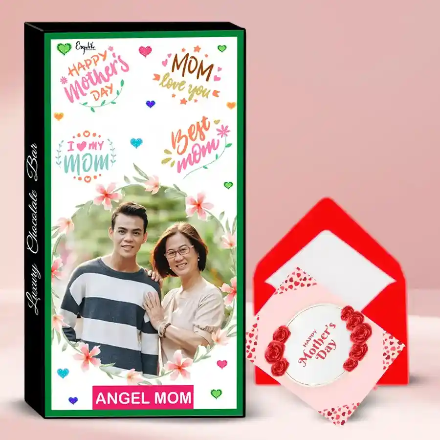 Wonderful Nutty Photo Chocolate Bar for Mom, personalized with a photo and name, surrounded by roasted dry fruits and cranberries, with a heartfelt greeting card.
