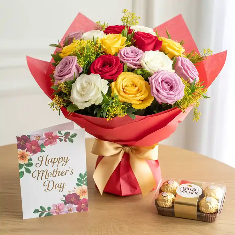 A vibrant bouquet of 12 mixed roses alongside a Ferrero Rocher chocolate box and a Mother's Day card.