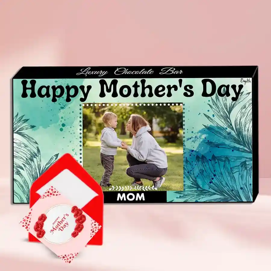 Personalized chocolate bar with roasted dry fruits and a photo on the box, alongside a greetings card for Mother's Day.