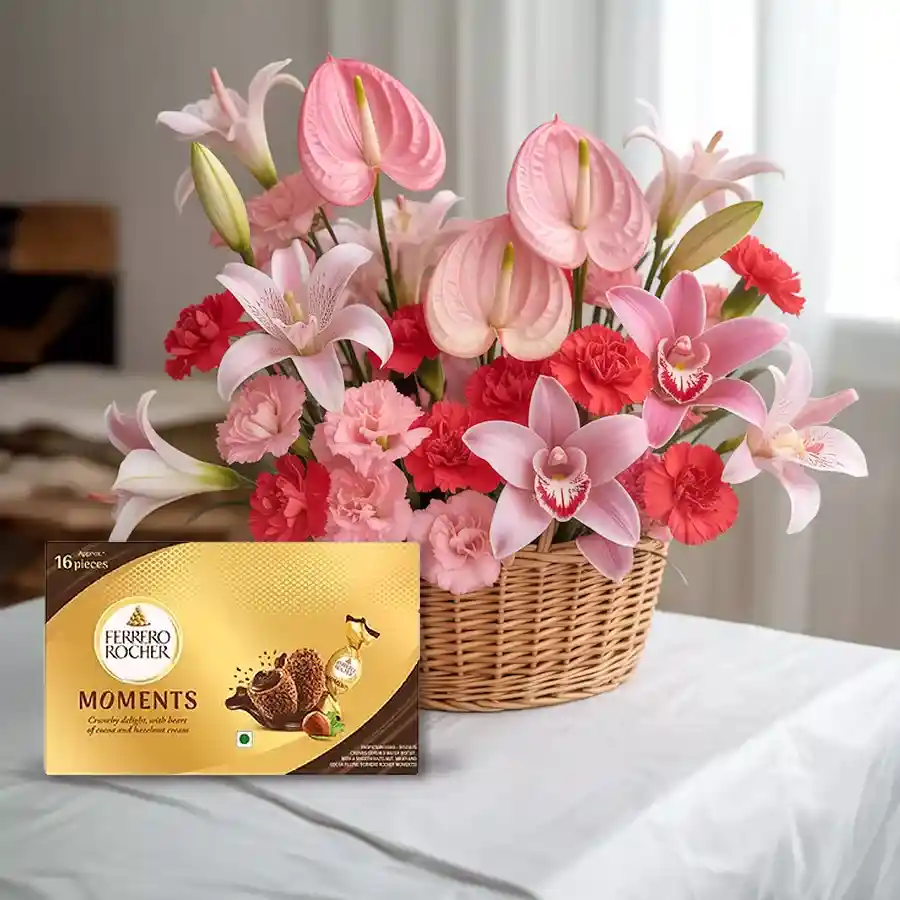 Designer floral arrangement of exotic flowers with Ferrero Rocher chocolates, perfect for Mother's Day.