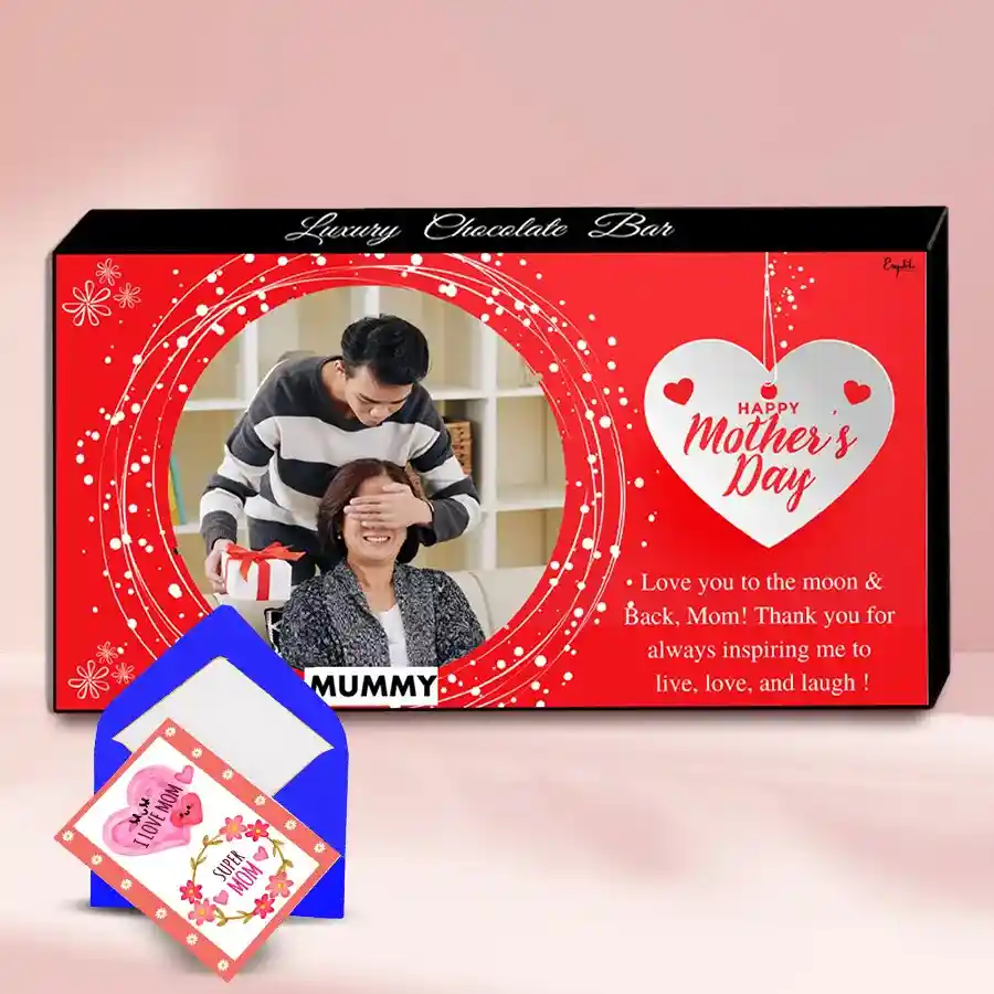 Personalized Mother's Day chocolate treat with assorted chocolate bar, roasted dry fruits, cranberry fillings, and customized box design.
