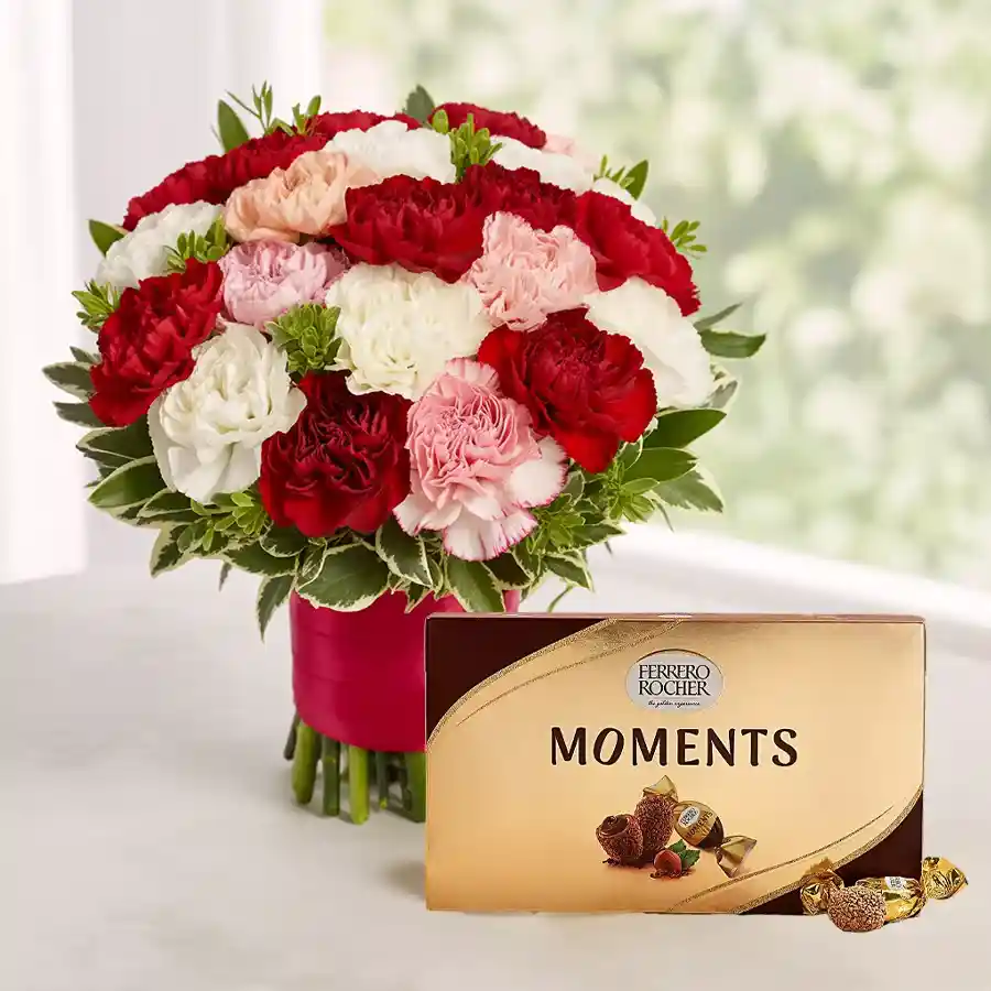 A bouquet of 10 mixed carnations with a Ferrero Rocher chocolate box, beautifully presented for Mother's Day.