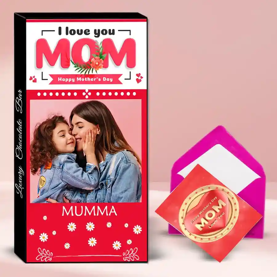 Personalized Mother's Day chocolate gift box with assorted chocolates, dry fruits, cranberries, and a custom photo and name.