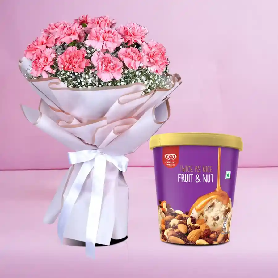 Dazzling Pink Carnation Bouquet with Kwality Walls Fruit n Nut Ice Cream.