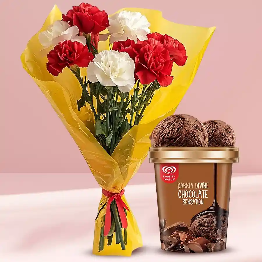 A vibrant bouquet of 8 mixed color carnations paired with 700g of Kwality Walls chocolate ice cream.