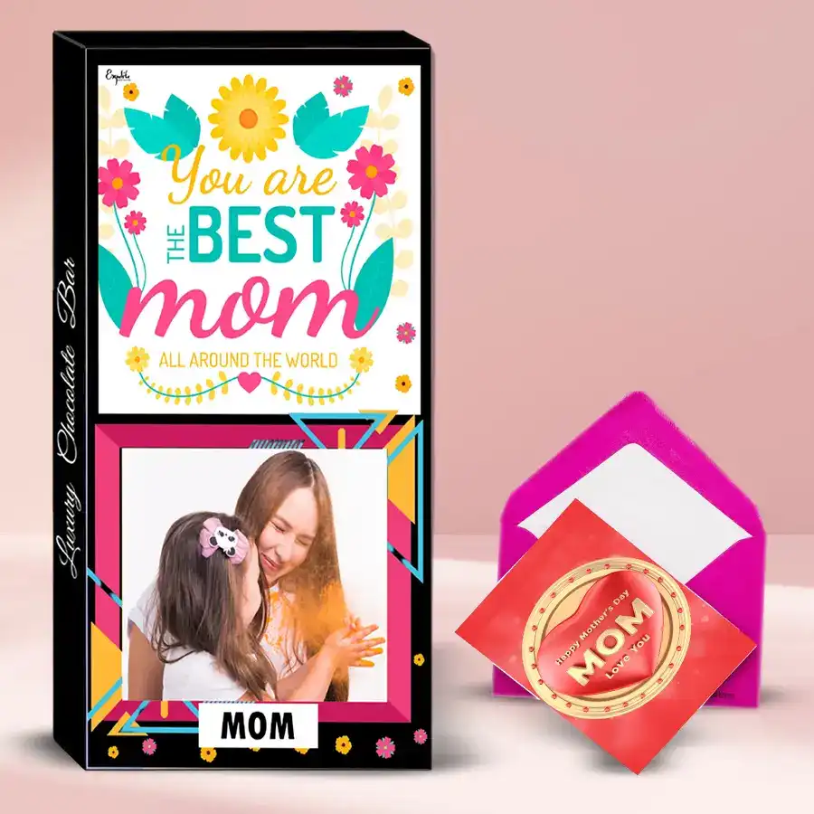 A beautifully arranged box of premium assorted chocolates with a personalized photo and name, surrounded by decorative elements for Mother's Day.
