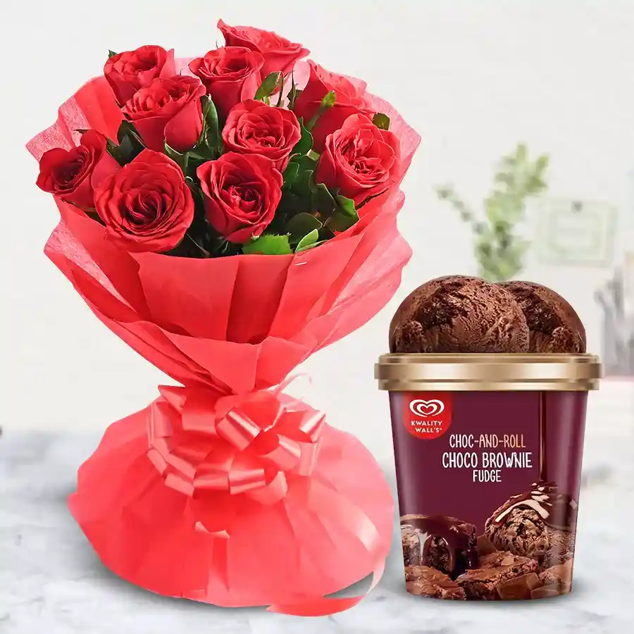 A bouquet of ten red roses paired with a 700g tub of Kwality Walls Choco Brownie Fudge Ice Cream.