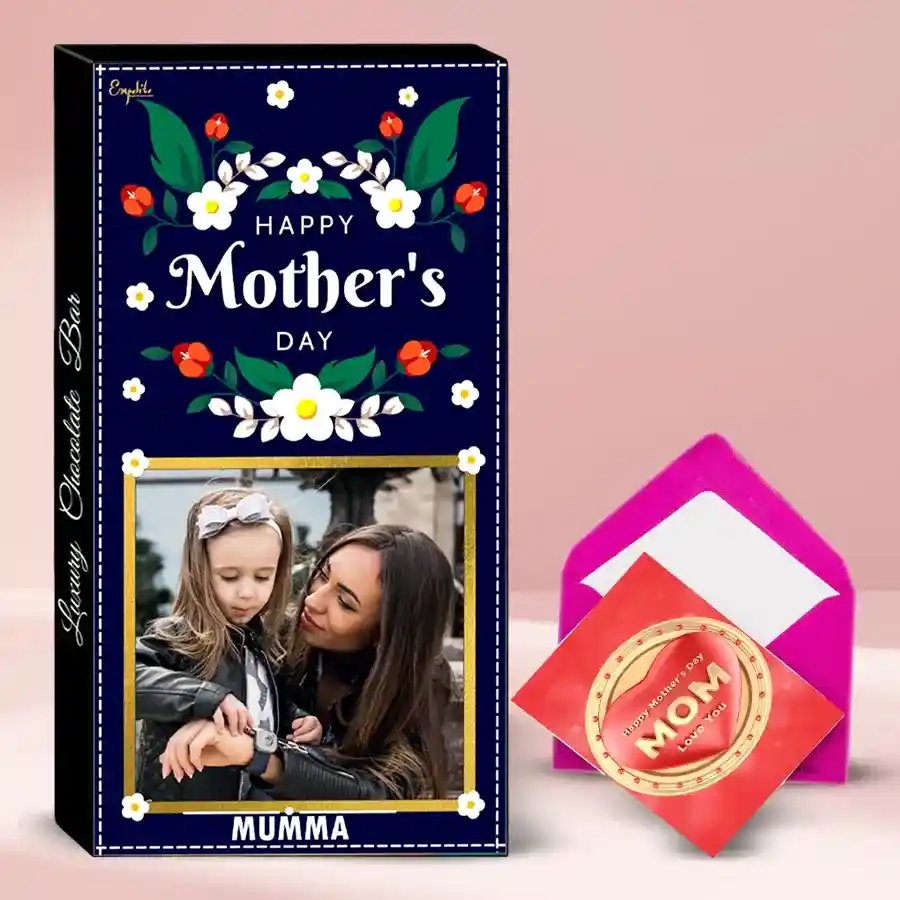 Personalized chocolate bar box with roasted dry fruits and cranberry fillings, featuring a custom name and photo, alongside a greetings card.
