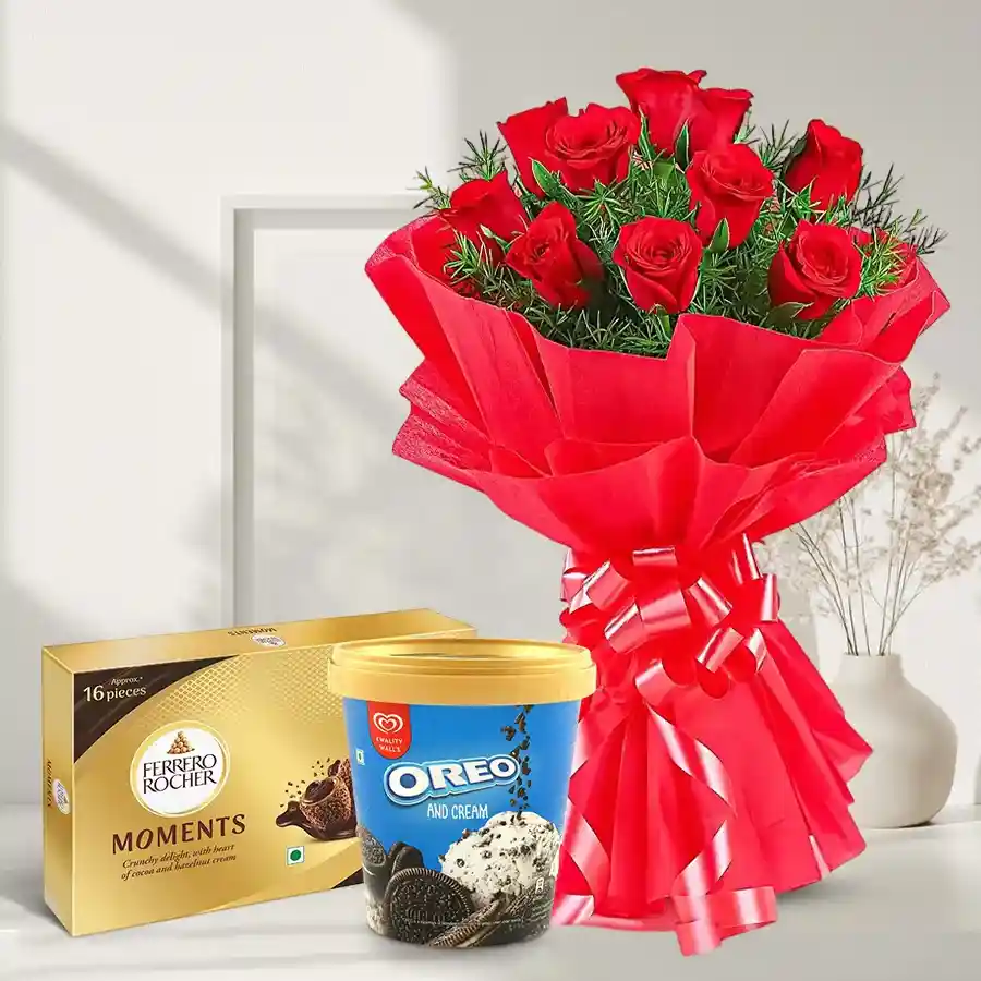 Gorgeous bouquet of red roses paired with Oreo ice cream and Ferrero Rocher chocolates, ideal for expressing love and joy.