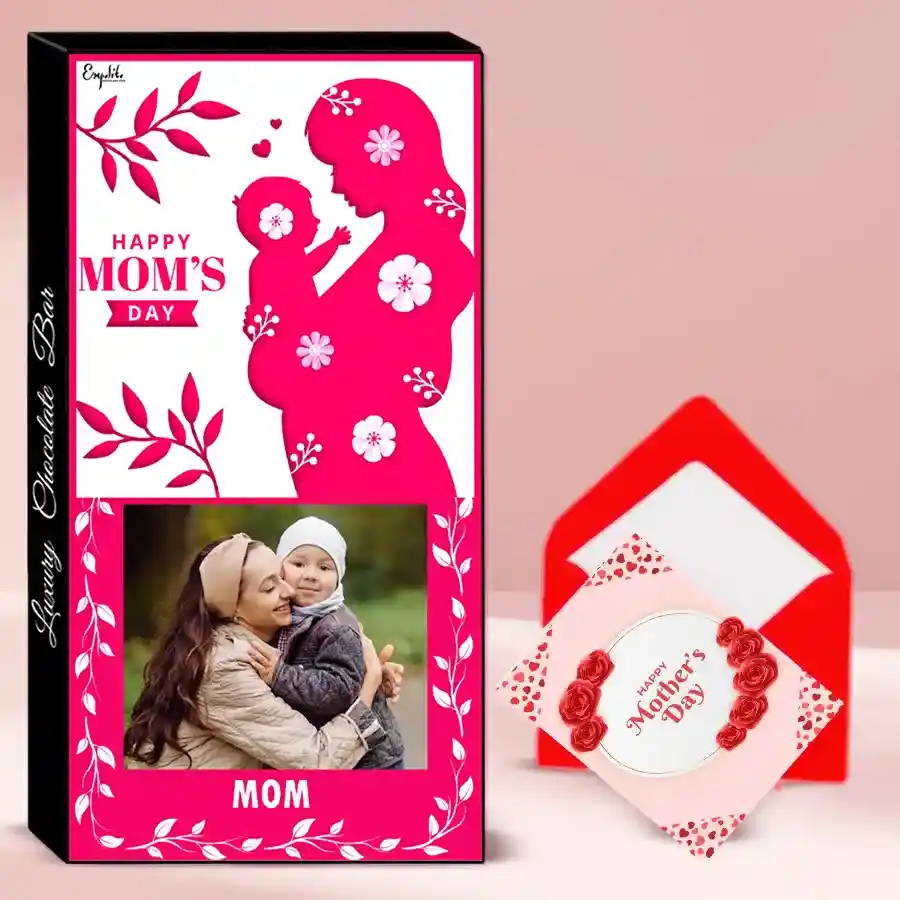 Personalized handmade chocolate bar with roasted dry fruit and cranberry fillings, elegantly packaged with a customizable box featuring a name or photo, alongside a heartfelt greeting card for Mother's Day.