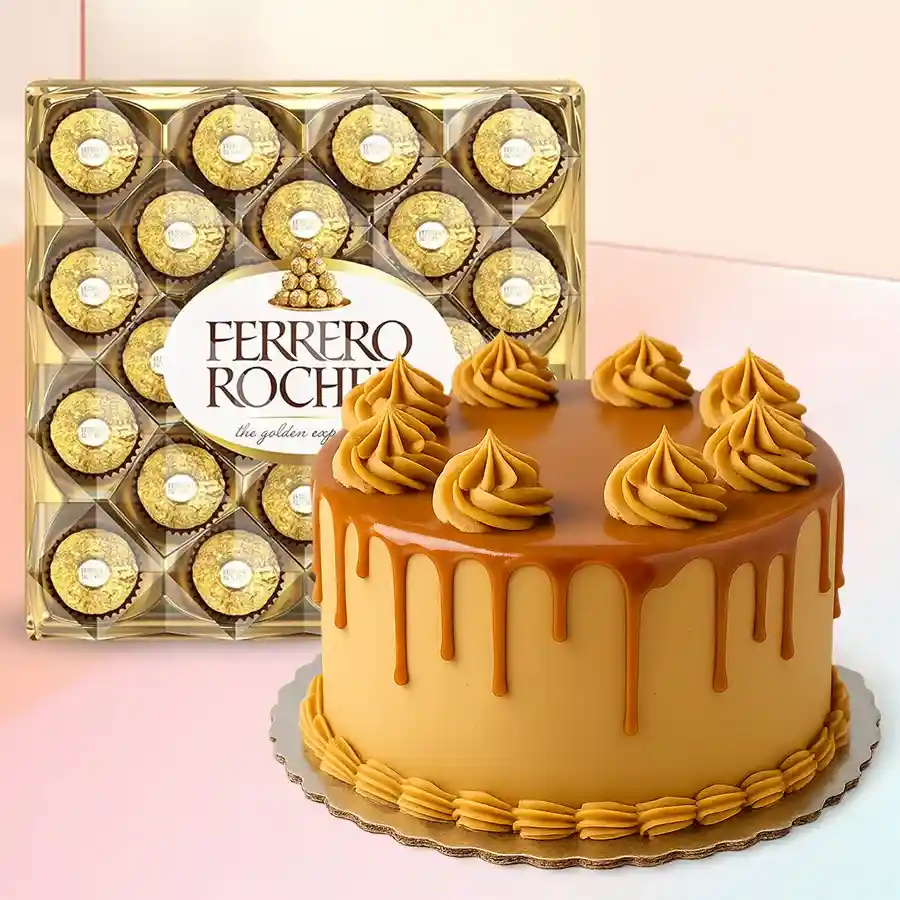 A tantalizing combo of Ferrero Rocher chocolates and an eggless Butter Scotch cake, ideal for gifting.