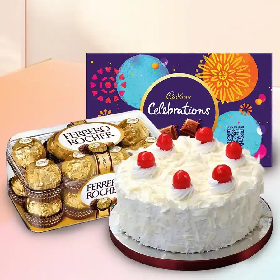 Delightful combo featuring Ferrero Rocher, Cadbury Celebration chocolates, and a White Forest Cake.