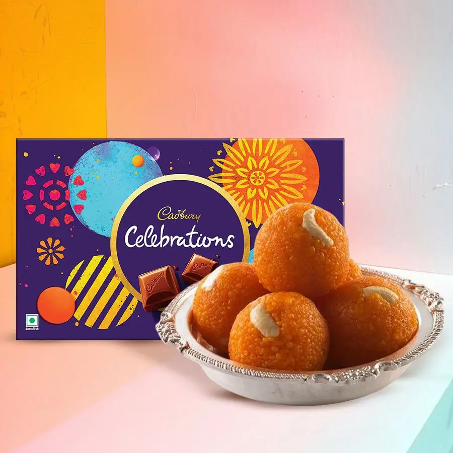 Luxurious combo featuring Cadbury Celebrations and Haldiram Laddoo for festive gifting.