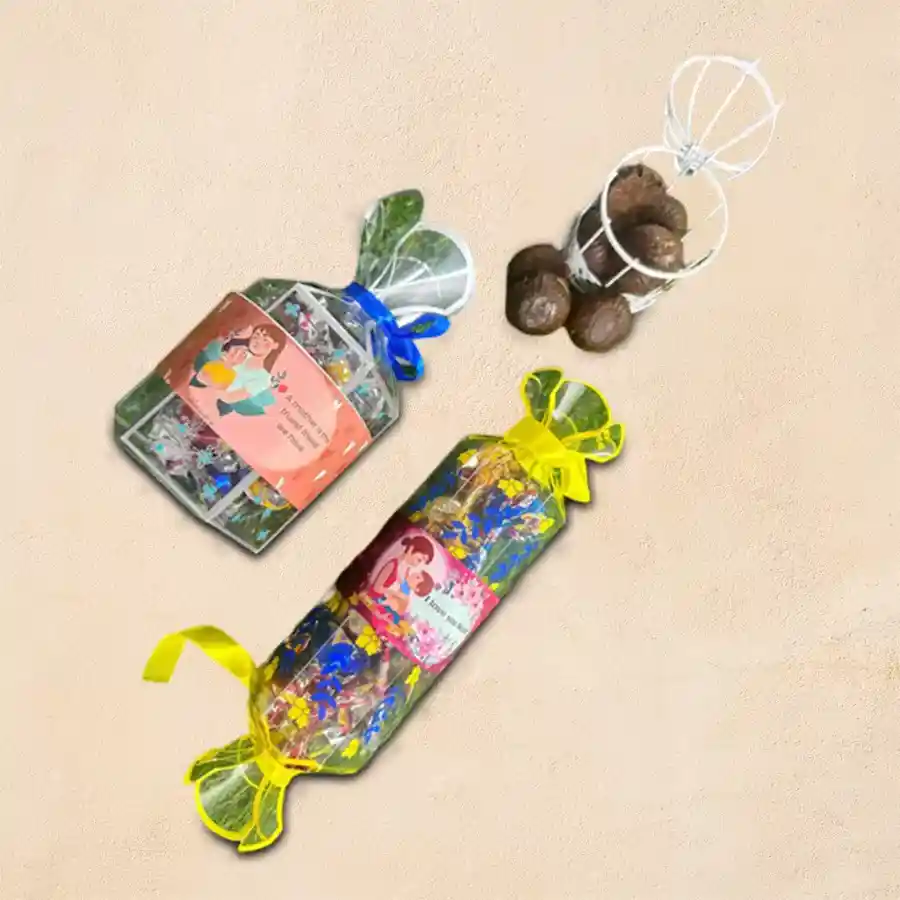 Blissful Handmade Umbrella and Toffee Chocolate Duo gift set with chocolates arranged in an elegant display