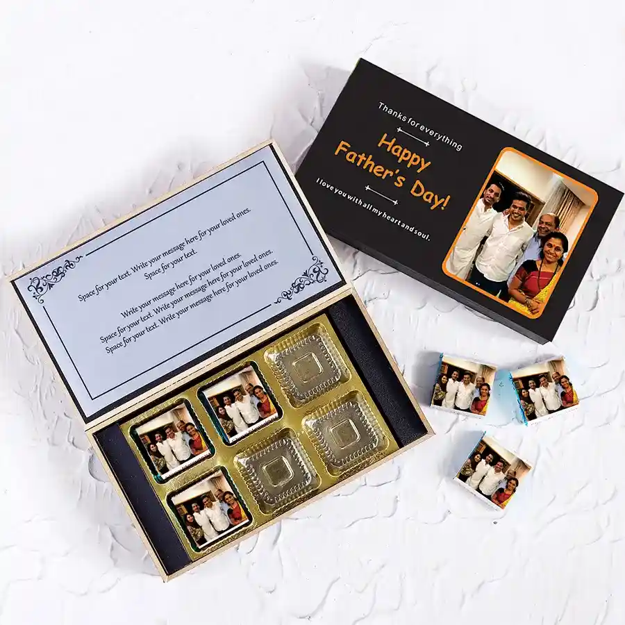 Personalized chocolate box for dad with assorted chocolates in a sleek black wooden box