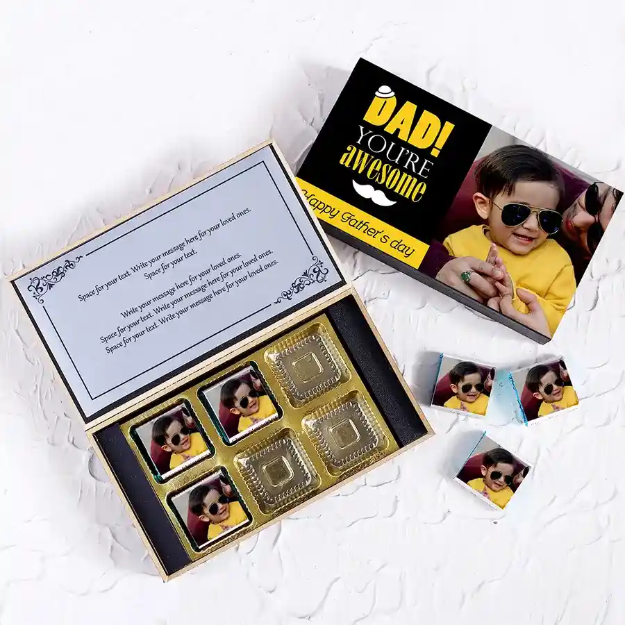 Personalized chocolate box for Dad featuring assorted chocolates in a sleek black wooden box.
