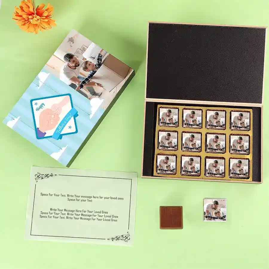Personalized chocolate box for Dad with assorted chocolates in a black wooden box