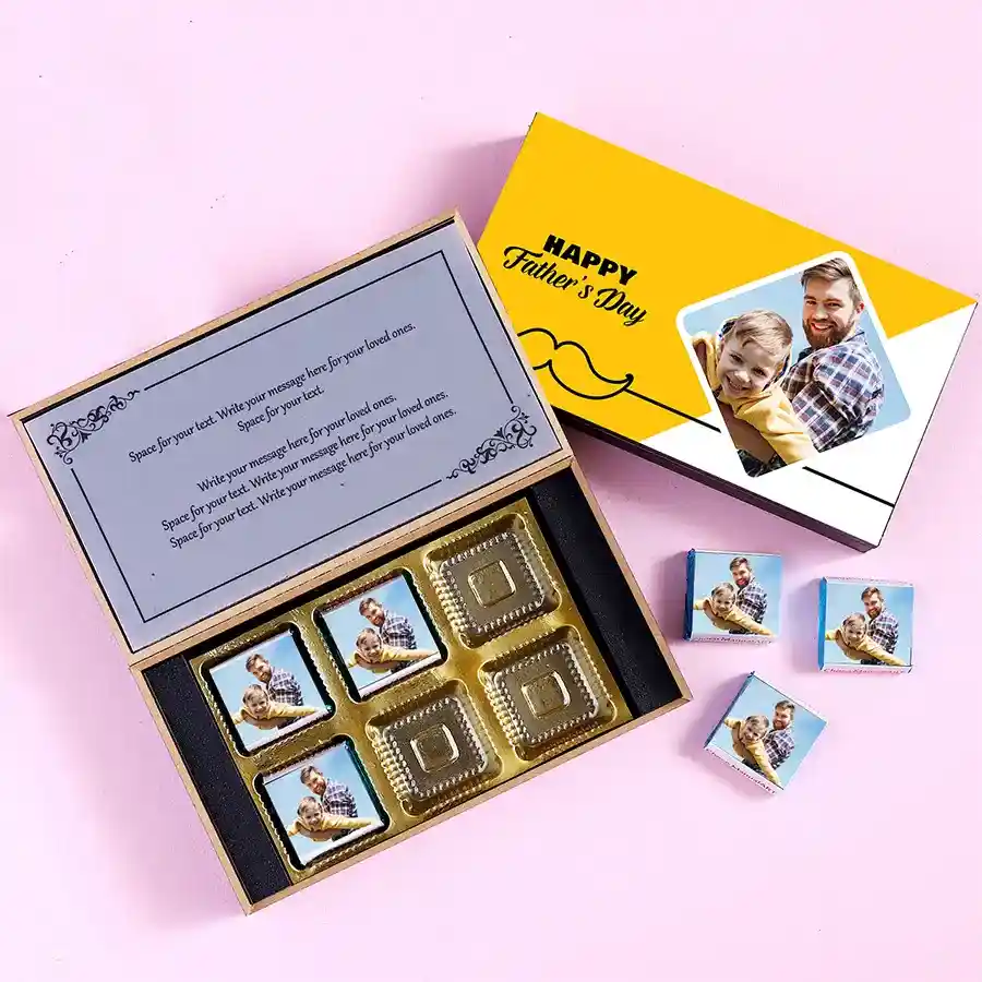 Personalized chocolate box for Dad with assorted chocolates in a black wooden box