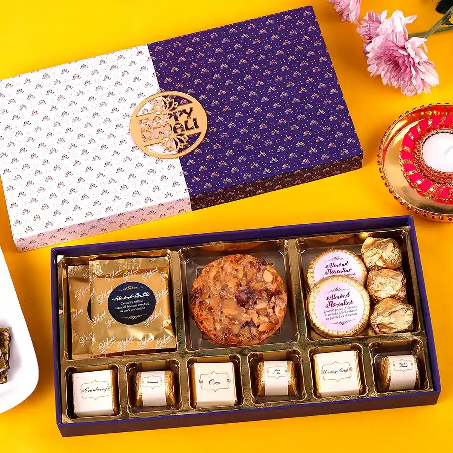 Assorted box of florentine cookies, almond brittles, almond florentines, almond chocolate rocks, and six assorted chocolates, perfect for festive celebrations.