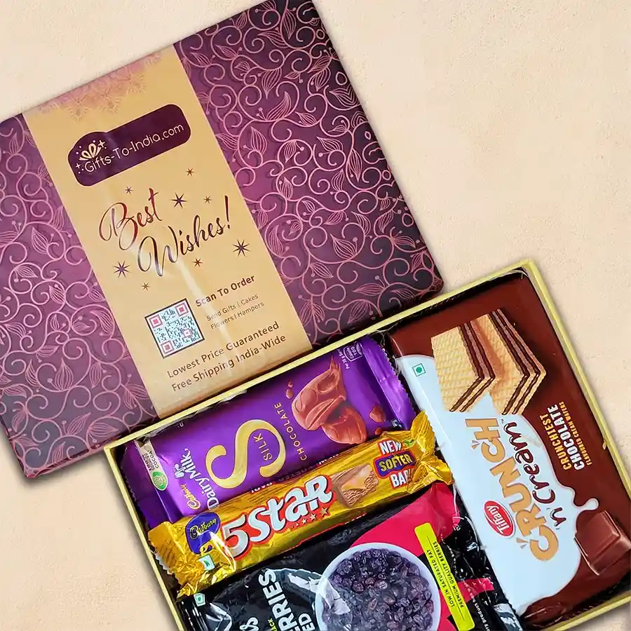 Choco Symphony Treats Box featuring Tiffiny Crunch n Cream, Cadbury 5 Star, Cadbury Dairy Milk Silk, and True Elements Dried Cranberries