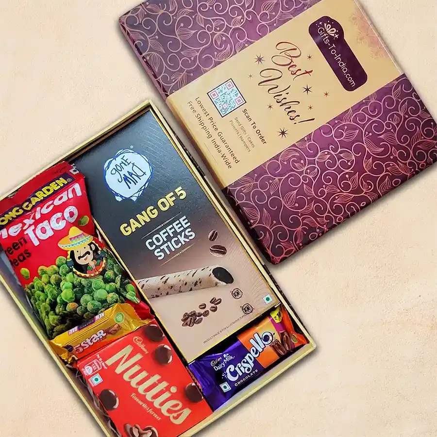 Yummy Munchies Galore gift box filled with snacks including Gang of 5 Coffee Sticks, Cadbury Crispello bars, Cadbury Nutties, Tong Garden Mexican Taco Green Peas, and Cadbury 5 Star.