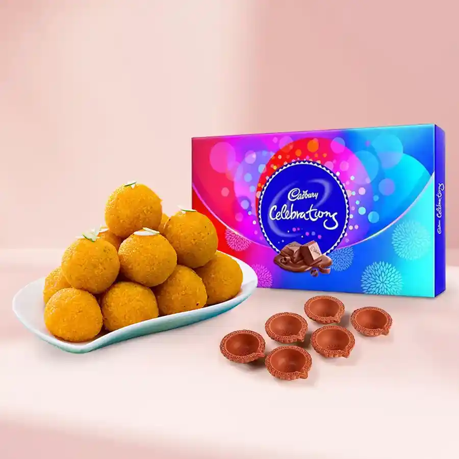 Sweet Blessings Diwali Treats combo with chocolates, sweets, and Diyas.