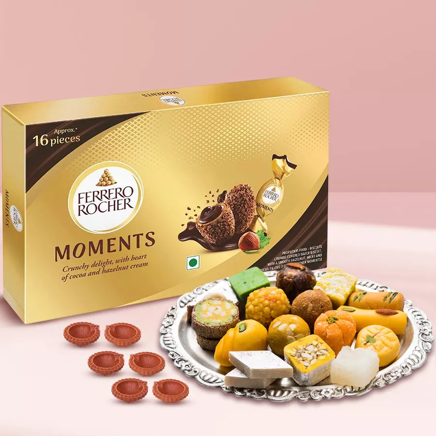 Mood Uplifting Diwali Treat Hamper with chocolates, sweets, and diyas.