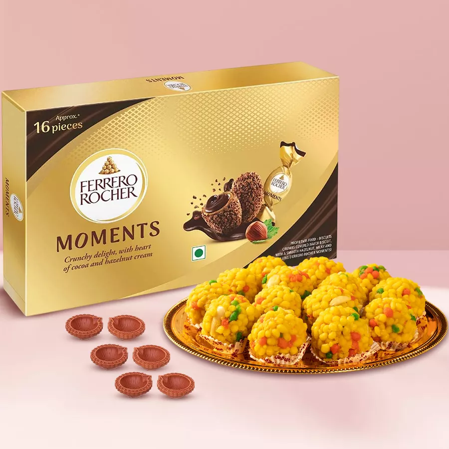 Festivities Treat Box for Diwali with chocolates, Boondi Ladoo, and diyas.