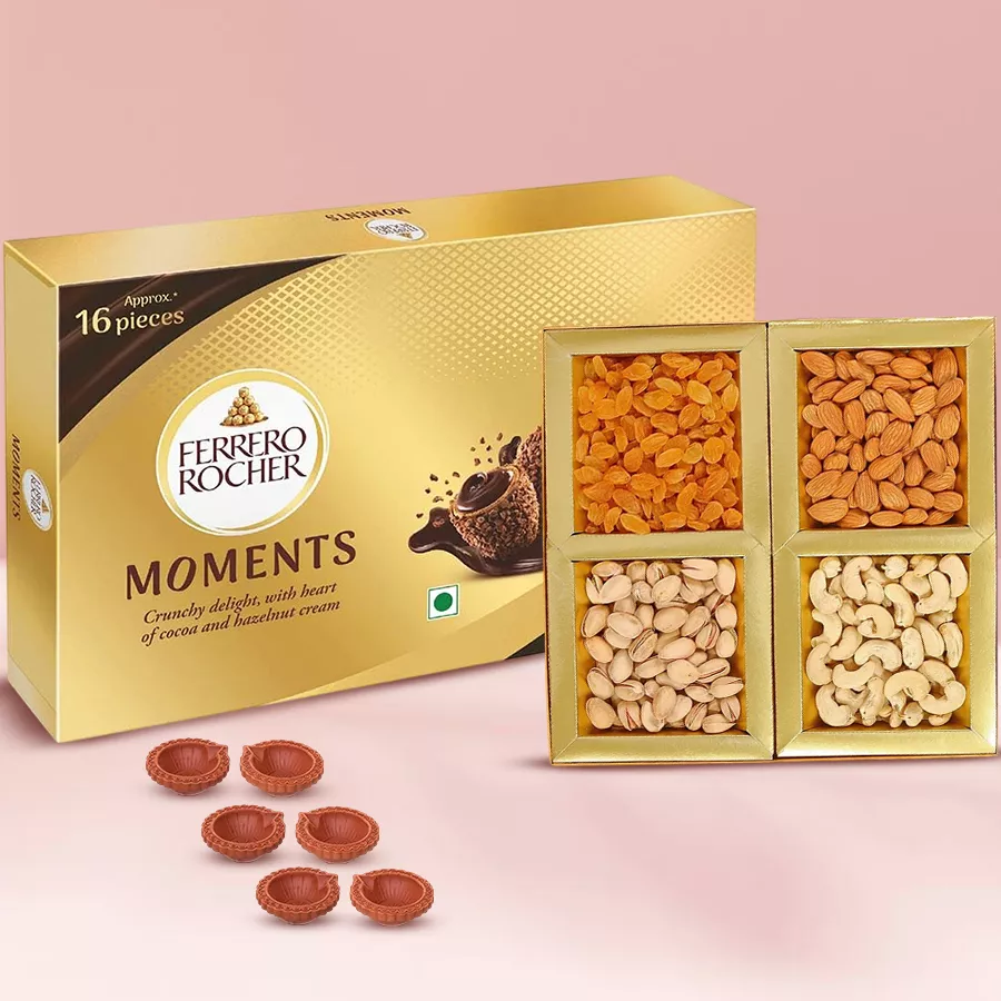 Diwali Delight combo featuring Ferrero Rocher chocolates, assorted dry fruits, and decorative diyas for festive gifting.