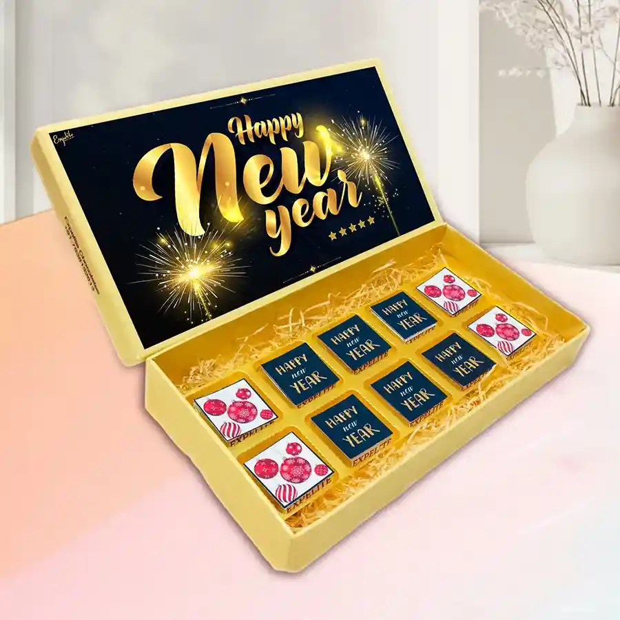 Luxurious New Year themed chocolates gift box featuring assorted flavors and festive designs