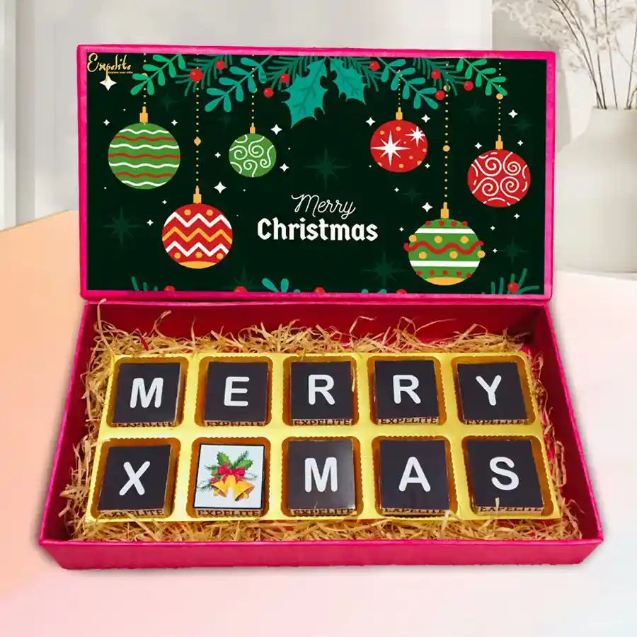 Delightful Christmas Chocolates Assortment Box featuring ten assorted chocolates in a festive Merry Christmas-themed packaging.