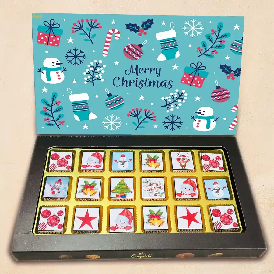 A festive assortment box of handcrafted flavored chocolates featuring various flavors such as roasted dry fruit, tangy cranberry, exotic paan, creamy butterscotch, mixed fruits, and classic chocochip, all presented in a Merry Christmas-themed packaging.