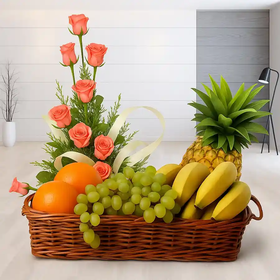 Beautiful basket featuring one dozen pink roses and fresh fruits, perfect for Mother's Day gifting.