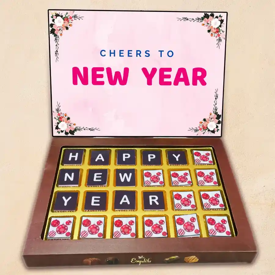 Assorted Christmas chocolates in a festive box with various flavors and a holiday-themed design