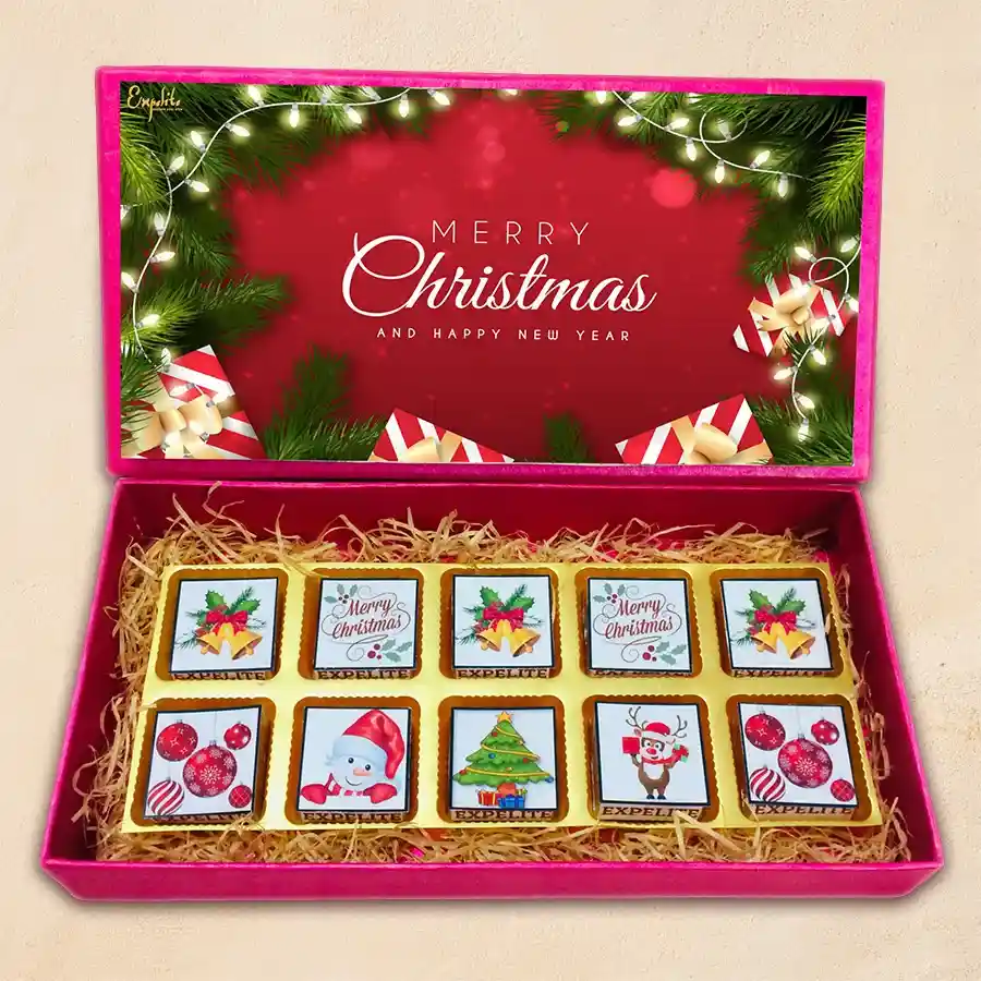 A beautifully arranged box of 10 handcrafted Christmas chocolates with festive designs and elegant grass decorations, featuring flavors like roasted dry fruit, cranberry, paan, butterscotch, mixed fruits, and chocochip.