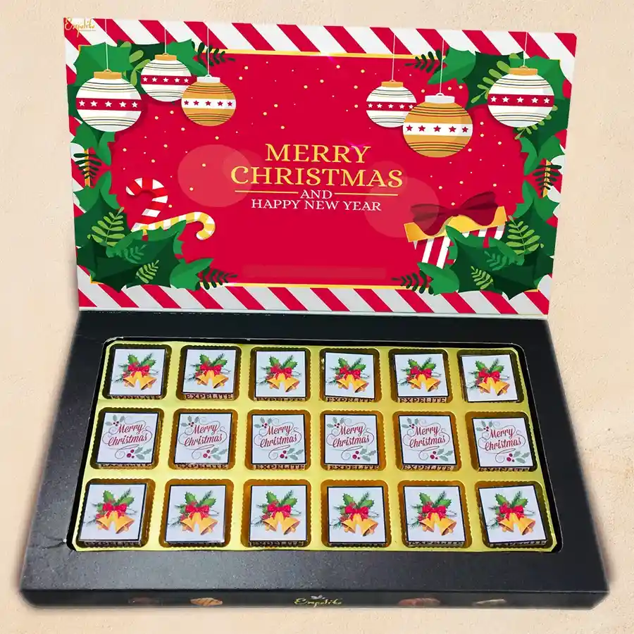 Assorted chocolates in a Merry Christmas-themed box, featuring flavors like roasted dry fruit, cranberry, paan, butterscotch, mixed fruits, and chocochip.