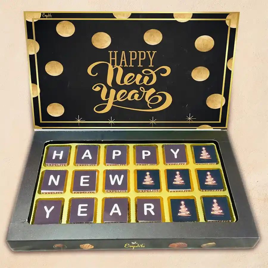 New Years Chocolates Bliss Box containing assorted chocolates with festive digital prints