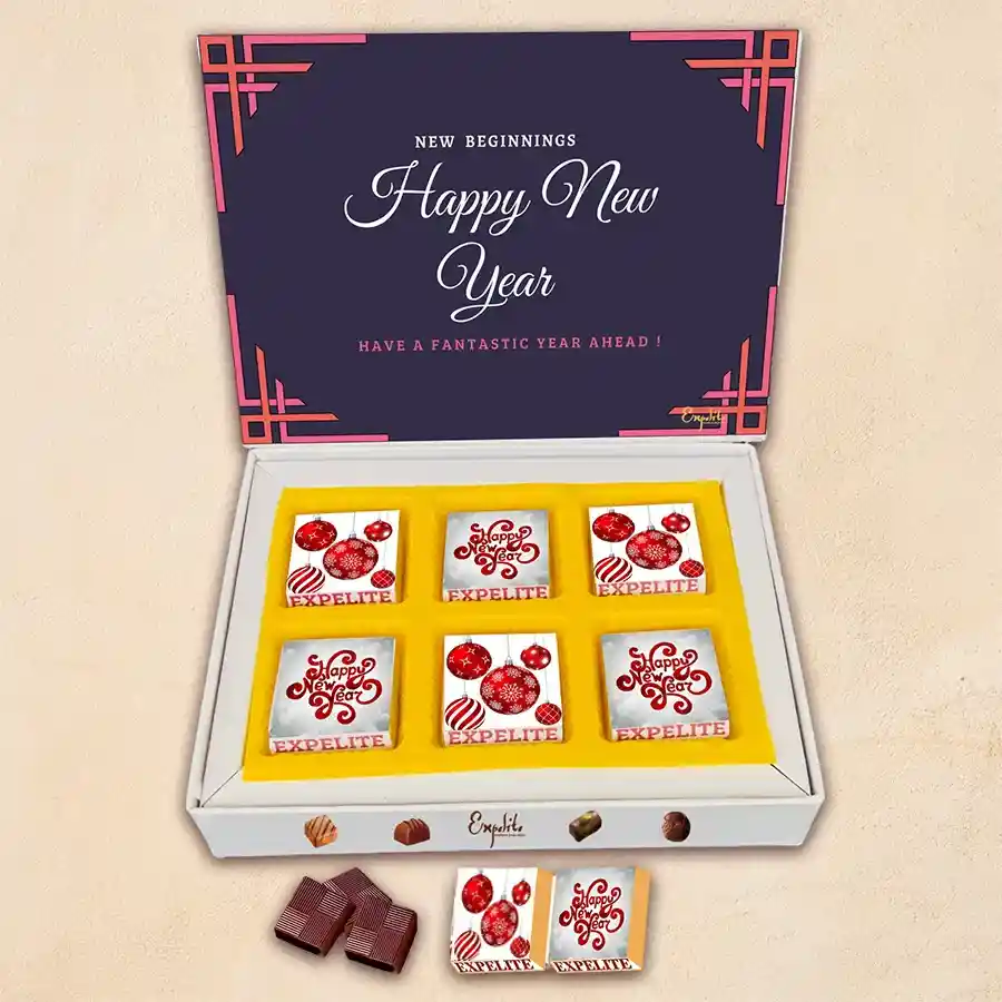 Assorted chocolates in a festive box with six unique flavors, decorated with a colorful digital print for New Year celebrations.