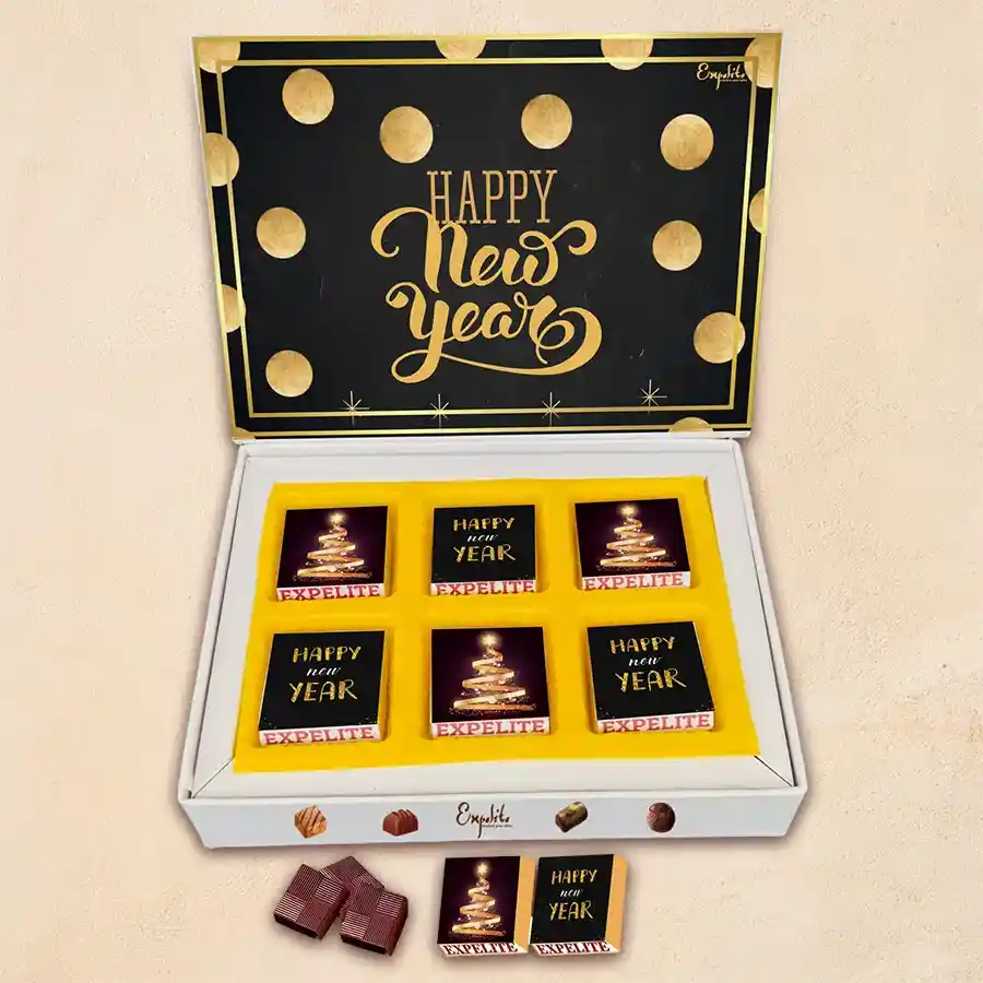 Exquisite New Year Chocolates Assortment in a festive box featuring 6 handcrafted chocolates with unique fillings.
