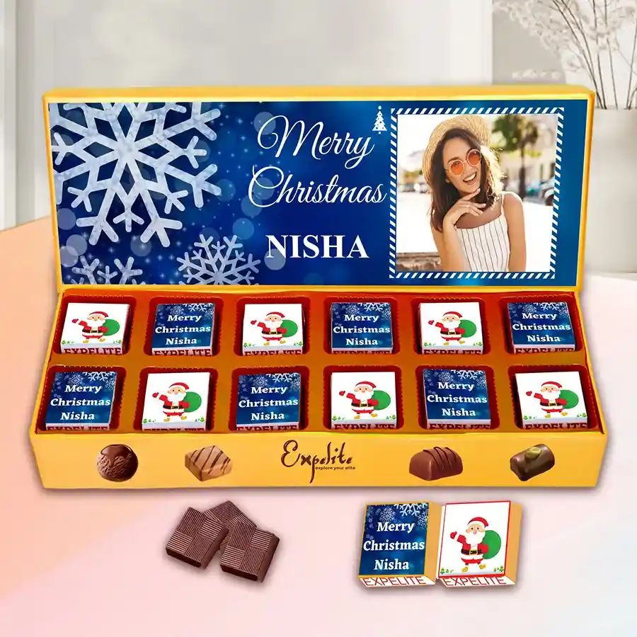 Delectable Personalized Christmas Chocolates Box with assorted handcrafted chocolates and festive decorations