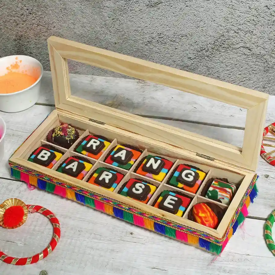 Festive Special Choco Fiesta Box with assorted handcrafted chocolates arranged inside