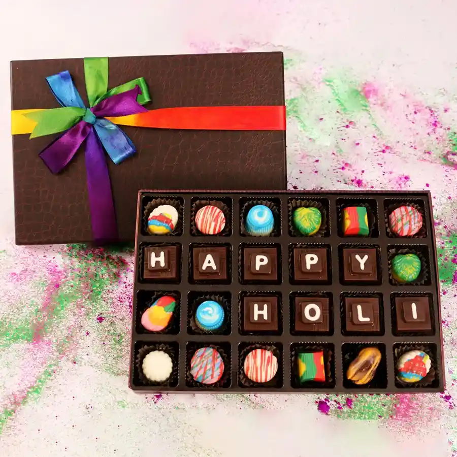 Holi Chocolate Indulgence Box containing assorted chocolates in a vibrant presentation